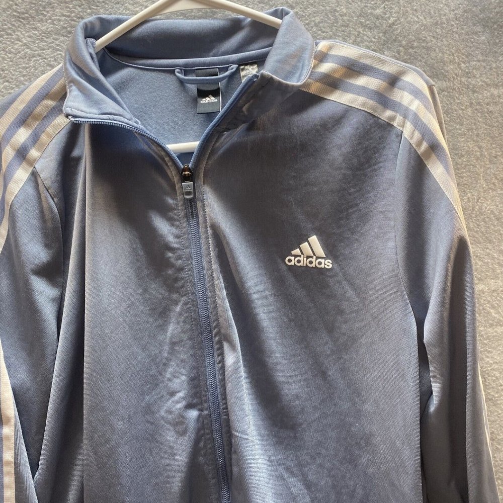 ADIDAS Women Blue White Striped Full Zip Up Track JACKET Shirt Stretch Sz L - Picture 2 of 6